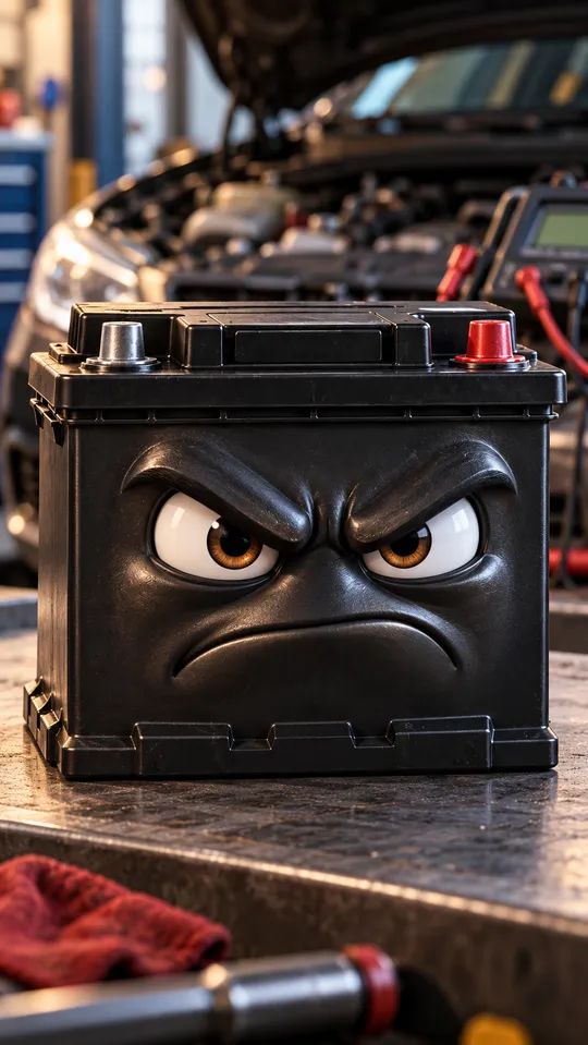 Bateria automotiva com cara zangada, personagem de um dos vídeos
